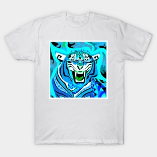 blue flame tiger in belgal totonac art ecopop wallpaper T-Shirt